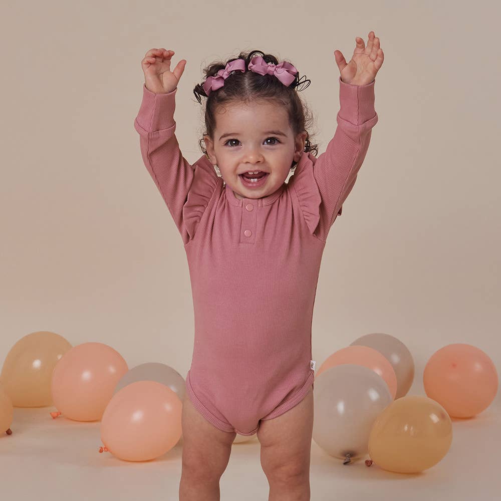 Snuggle Hunny - Jewel Pink Rib Long Sleeve Organic Bodysuit with Frill