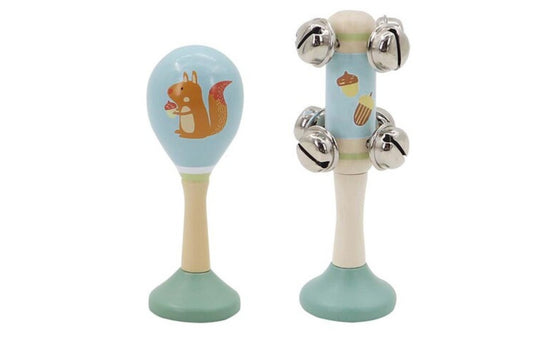 Calm & Breezy Woodland Squirrel Wooden Maraca & Bell Stick Set